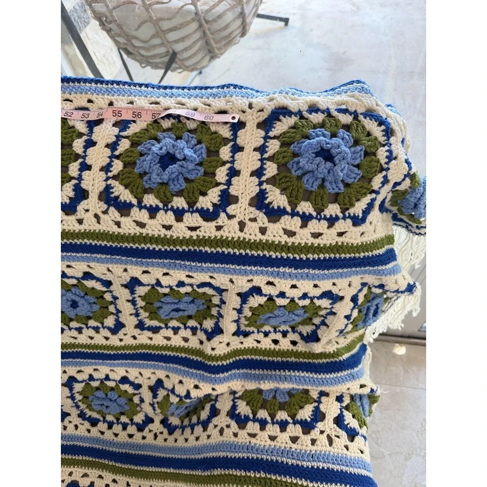Handmade Crochet Afghan‎ Throw Blanket Granny Square Blue Green Ivory Fringe